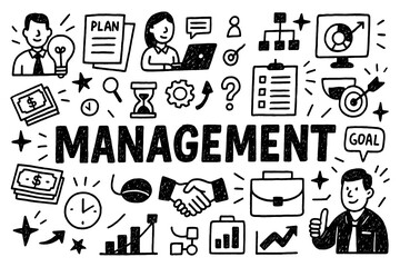 Management concept doodle with business planning and teamwork icons, Transparent Background