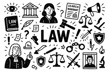 Law doodle with justice scale judge gavel courthouse and legal contract elements, Transparent Background