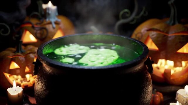 Halloween Night Decorations with Pumpkins, Skulls, and Spooky Atmosphere