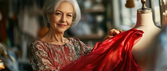 Fototapeta premium Senior woman tailor examining red fabric on a mannequin