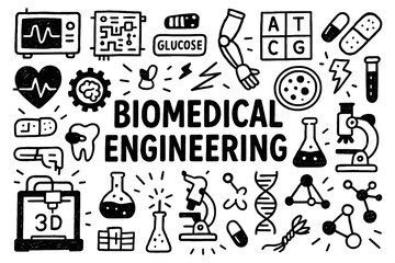 Biomedical engineering doodle with lab tools dna prosthetics and medical research icons, Transparent Background