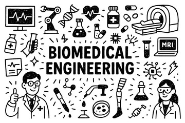 Biomedical engineering doodle with lab tools dna prosthetics and medical research icons, Transparent Background