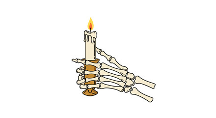 Skeleton hand holding a candle with burning flame.