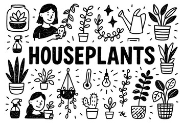 Houseplants doodle with indoor gardening tools potted plants and watering icons, Transparent Background