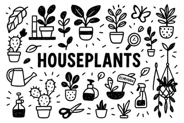 Houseplants doodle with indoor gardening tools potted plants and watering icons, Transparent Background