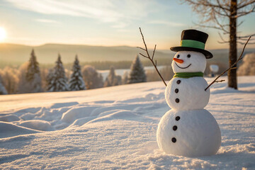 Obraz premium Cheerful Snowman in a Winter Landscape at Sunset – Peaceful Snow Scene with Mountains and Warm Golden Light