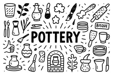 Pottery craft doodle with clay vases tools and ceramic wheel workshop, Transparent Background