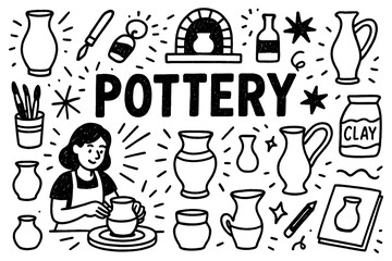 Pottery craft doodle with clay vases tools and ceramic wheel workshop, Transparent Background