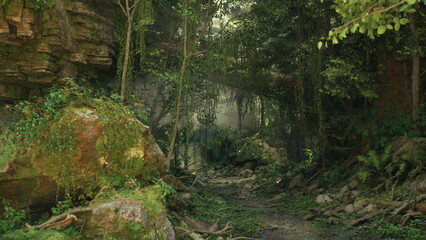 Soft sunlight filters through dense foliage, illuminating a serene pathway in a vibrant forest. Large rocks covered in moss and rich plant life create a magical atmosphere.