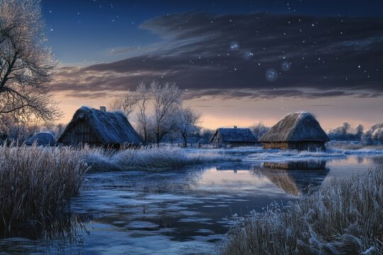 Frosty evening by the serene river with thatched-roof cottages under a starlit sky