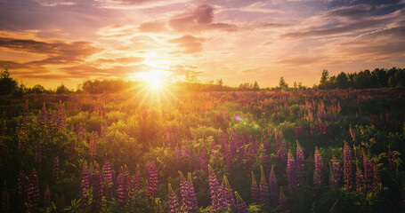 Summer landscape with purple wild flower lupine field and bright sunrise or sunset sky. Nature scenic backdrop for calm, peace, and serenity concept. Vintage film aesthetic.