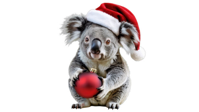 Cute koala wearing a santa hat holding a red christmas ornament isolated on transparent background - Powered by Adobe