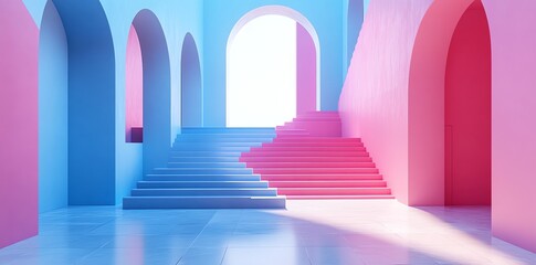 Obraz premium Colorful Modern Staircase with Arches in Pastel Pink and Blue Bright Light