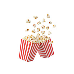 Obraz premium Delicious popcorn exploding from two striped containers, captured in mid-air against a white background, perfect for movie nights and snacks