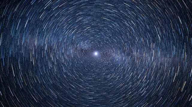 Captivating star trails swirl around Polaris with a distant galactic glow in the deep night sky tranquility, exploration, abstract