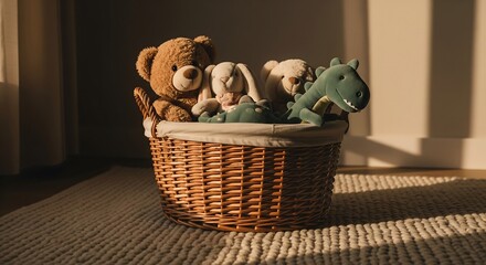 Aesthetic Photo Basket Full Of Plush Toys Warm Light Cozy