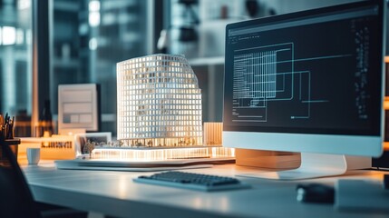 Fototapeta premium Architects desk with building model and computer