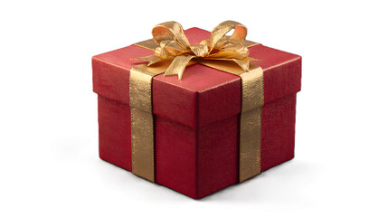 Obraz premium Red glitter gift box with gold ribbon and bow isolated on transparent background