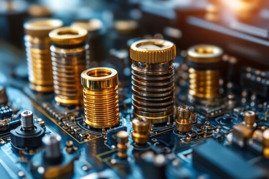 Detailed close-up of a circuit board showcasing brass components and intricate design elements
