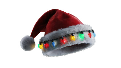 Festive santa claus hat adorned with colorful blinking christmas lights isolated on transparent background