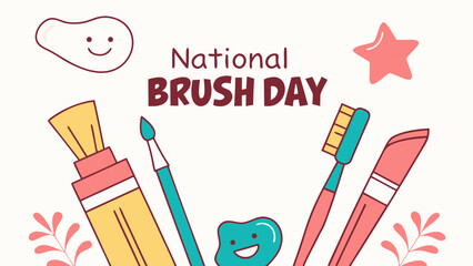 National Brush Day Awareness Poster with Toothpaste, Toothbrush, and Smiling Teeth Cartoon for Dental Health Campaign