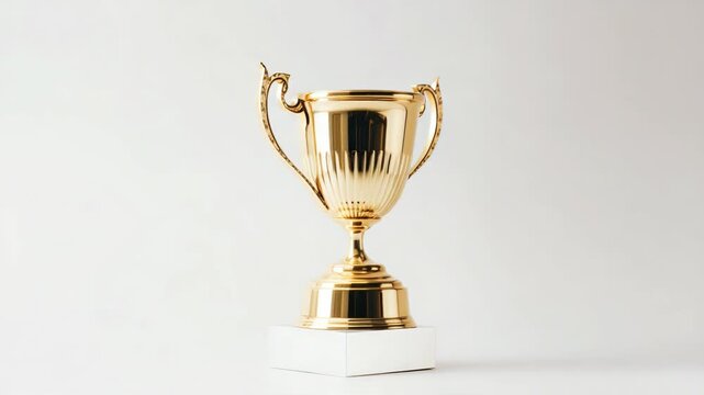A shiny gold trophy with handles on a white background. The trophy has a smooth surface and a square base, symbolizing achievement and victory.