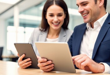 Fototapeta premium Business colleagues sharing a tablet in a bright office