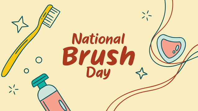 National Brush Day Awareness Poster with Toothpaste, Toothbrush, and Smiling Teeth Cartoon for Dental Health Campaign