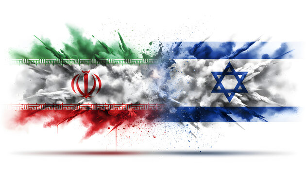 Conceptual image of the flags of Iran and Israel colliding in the form of a colored powder explosion.