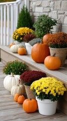 Colorful flowers in large pots and various pumpkins create a festive fall ambiance on a charming porch decorated for the season