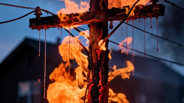 A wooden utility pole is intensely burning with bright orange flames and smoke, with melted material dripping, against a dark house and twilight sky.