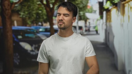 Young hispanic man listening intently on a bustling city street using gestures under bright outdoor light showcasing urban life