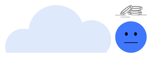 Large cloud shape, blue face with neutral expression, stack of coins denoting financial technology. Ideal for technology, cloud storage, finance, emotion, balance, minimalism simple flat metaphor