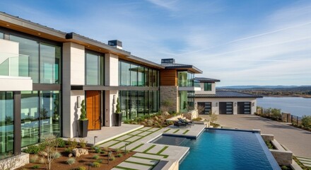 Fototapeta premium A modern, glass-fronted house with a pool and a view of a lake, featuring a large glass door and a wooden deck.