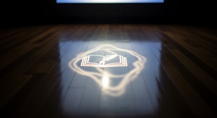 Faint Reflection Glowing Screen Polished Wooden Floor Storytelling Presence Symbol