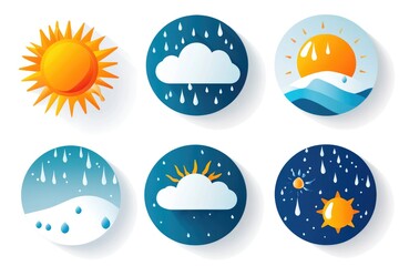Colorful seasonal weather icons with sun, moon, clouds, and snowflakes