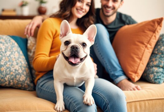 Happy couple with their friendly dog relaxing on a sofa at home