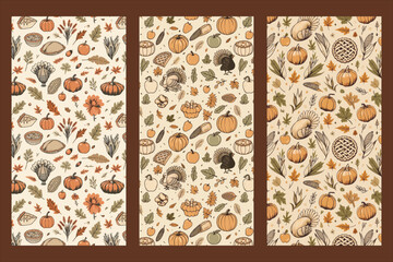 Thanksgiving seamless pattern set with pumpkins, turkey, pies and autumn harvest elements