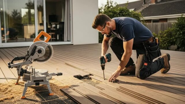 Carpenter working on a wooden deck with a drill and miter saw outdoors video Generative AI