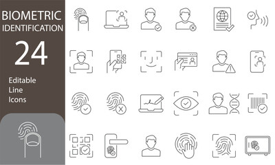 Biometric Identification Editable Line Icons Set. barcode, passport, biometric, and more. personal data related icons. Vector illustration