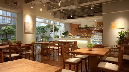Fototapeta premium small cozy cafe with natural tone furniture and clear space