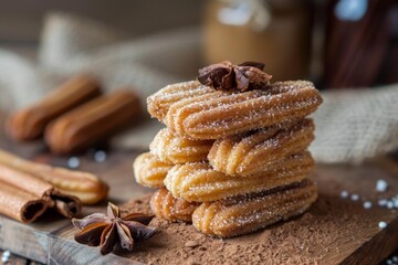 Crunchy churros coated in sugar, stacked high, accompanied by cinnamon sticks and star anise, creating a sweet and inviting scene