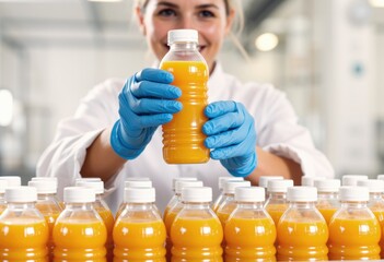 Lab technician holds fresh orange juice bottle in a bright production line