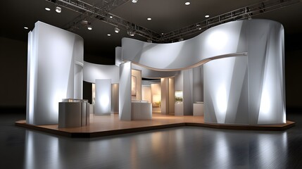 product gallery with modular displays and curved walls, 3d render,