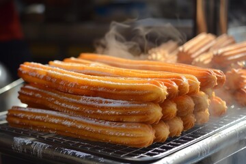 Steaming hot churros, dusted with powdered sugar, resting on a metal cooling rack