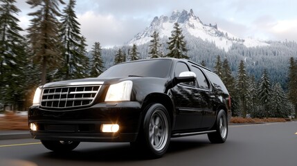 Naklejka premium A luxury SUV travels over icy surfaces in a stunning mountainous landscape under a bright, clear blue sky.