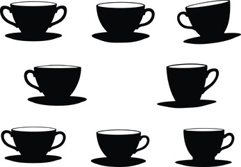 Teacup, coffee cup, silhouette, black, vector, icon, saucer, handle, minimal, kitchenware, drinkware, isolated, flat, design, elegant, vintage, modern, ceramic, utensil, beverage, collection, 