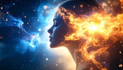 Woman with fiery hair in cosmic space