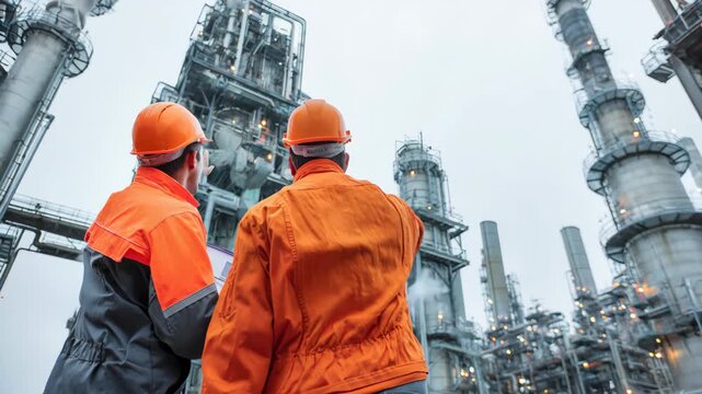 Corporate environmental impact assessment with employees conducting factory site visits to monitor industrial carbon output and ecofriendly practices