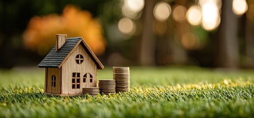 Miniature House with Coins on Grass, It shows a tiny house and stacks of coins on a grassy field. Great for real estate, savings, or property investment visuals.